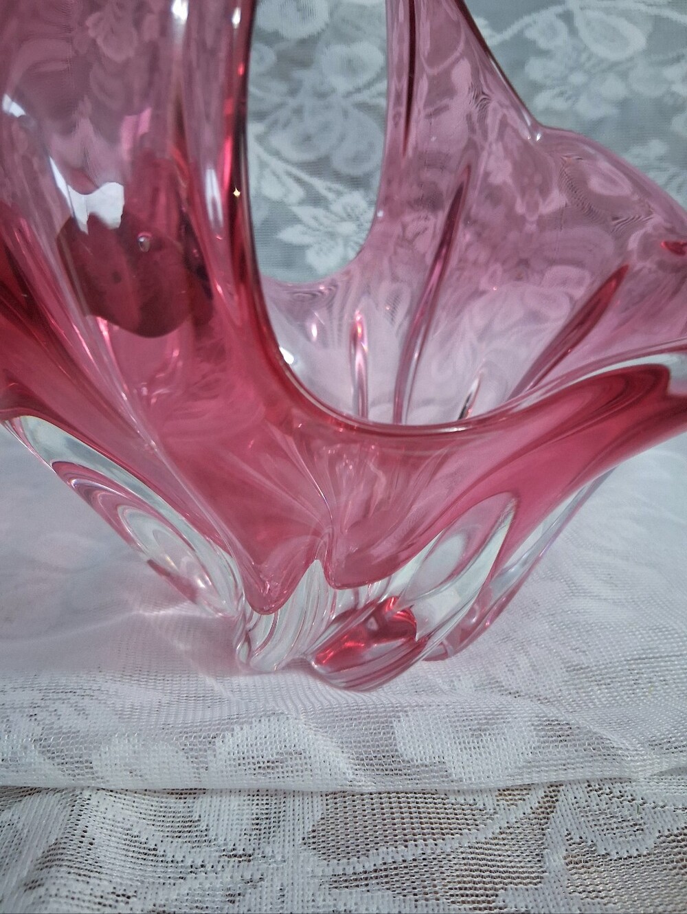 Vintage Bohemian Art Glass Basket Cranberry Clear Cased Glass Mid Century Czech - Picture 9 of 16